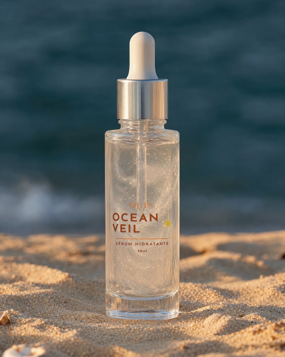 Frasco conta gotas do sérum facial OCEAN VEIL em gel transparente com microesferas